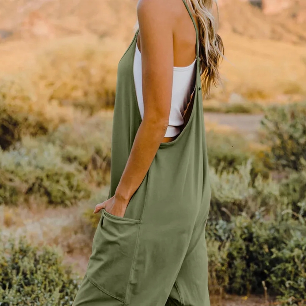 Oversized Hippie V-Neck Sleeveless Wide Leg Pant Pocket Jumpsuit Outfit Bohemian - Picture 6 of 10